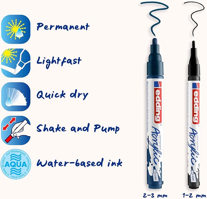 Edding Start Easy Set - Acrylic Paint Pens, Waterproof; Fine and Medium Nib, Incl. Postcard Pad - Set of 8 Pens - Nordic - For Canvas, Wood, Rock Painting