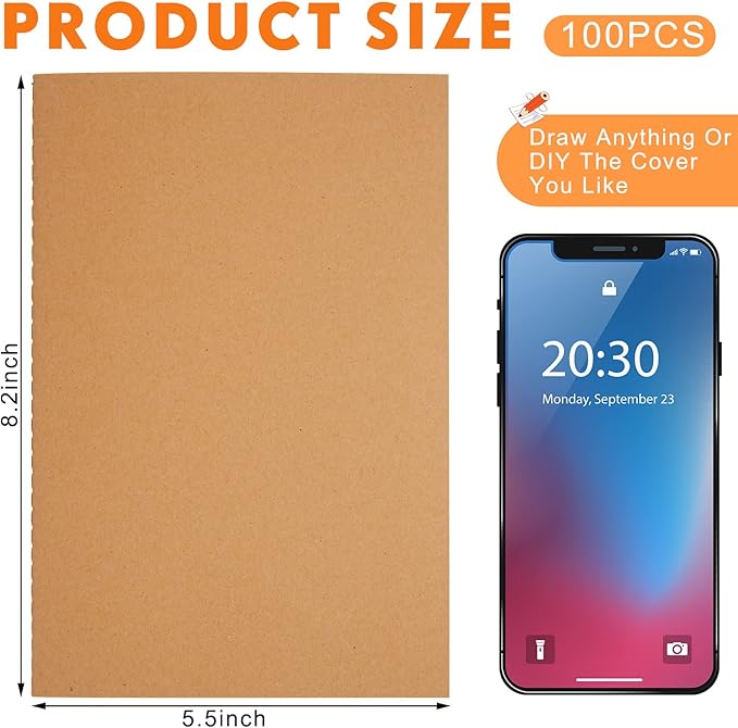 100 Pcs Kraft Notebook Journals 5.5 Inch x 8.3 Inch A5 Softcover Notebooks Bulk for Writing Sketch Office Notepad with 60 Pages 30 Sheets (Multicolor,Lined)(Brown,Unlined)
