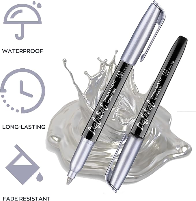 Silver Metallic Permanent Markers, 24 Pack Silver Metallic Marker Pens for Artist Illustration, Industrial Marking, DIY Crafts, Gift Card Making