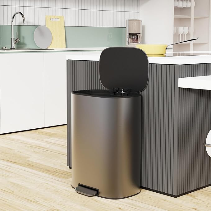 13 Gallon Stainless Steel Foot Pedal Large Trash Can with Soft Close Quiet Lid, Stainless Steel Thickened Body Oval Garbage Can with 30 Garbage Bags for Kitchen/Home/Office and More - Silver Gray