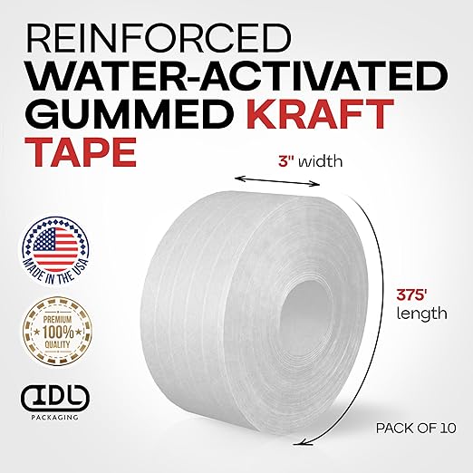 IDL Packaging 3" x 375 feet Reinforced Water-Activated Kraft Gummed Tape 70lb Thickness (Pack of 10) - Secure Paper Packing Tape for Secure Carton Sealing - Heavy-Duty for All Conditions, Brown