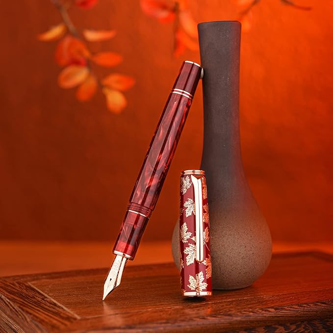 Hongdian N8 Fountan Pen, Iridium Fine Nib, Rose Gold Trim Maple Leaf Carving Cap Red Acrylic Resin, Smooth Writing Pen with Converter and Metal Pen Box Set