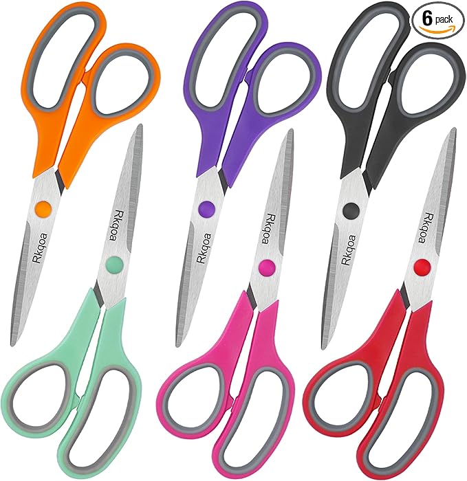 Scissors, Rkqoa 8" Adult Scissors All Purpose 6 Pack - Comfort-Grip Sharp Shears for Office School Sewing Fabric Craft Art Supplies, Teacher/Class Everyday Use, Right/Left Handles