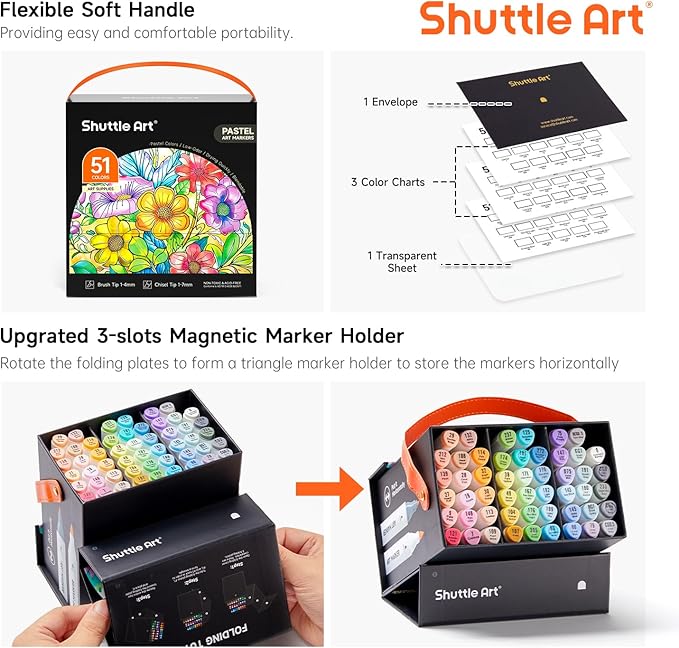 Shuttle Art Pastel Alcohol Markers Brush tip, Dual Tip Brush & Fine Tip Art Marker Set, 50 Colors plus 1 Blender Marker Pens with Case Perfect for Illustration Kids Students Adults Coloring Sketching