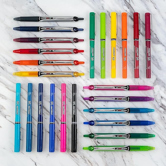 Precise V5 Stick Rolling Ball Pens, Extra Fine Point (.5mm), Assorted Colors Black/Blue/Red Ink, 3-pk; Bundle with Plastic Reusable Pouch