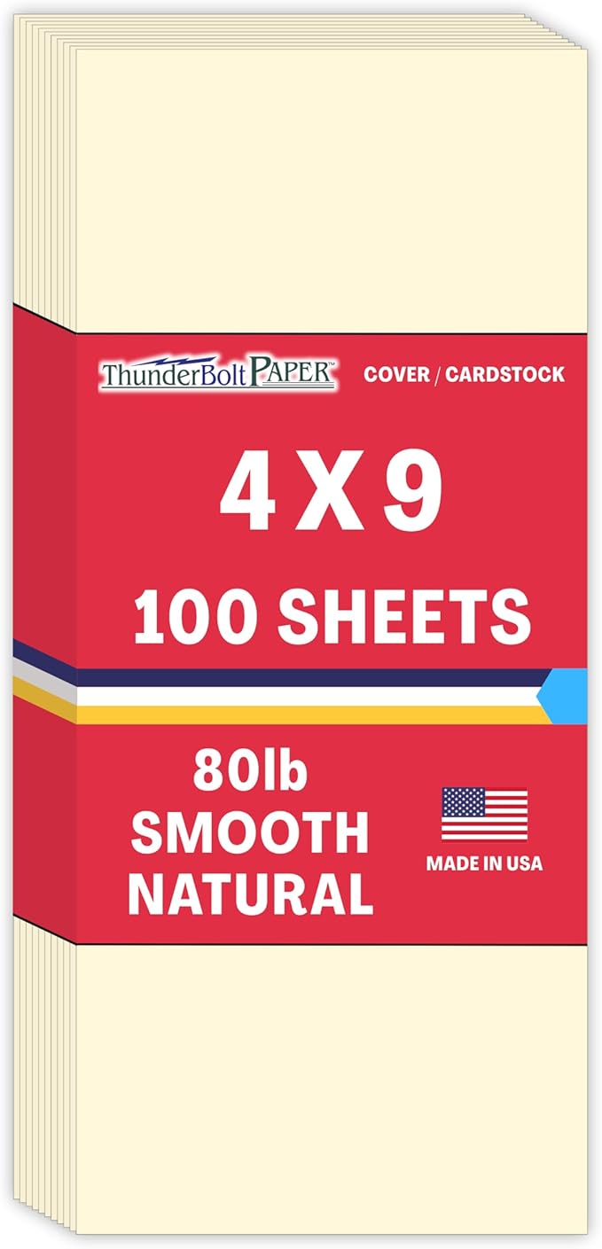 100 Natural Smooth Card Stock Sheets Paper - 4" X 9" (4X9 Inches) #10 Envelope Insert Size - 80# (80 lb/Pound) Cover Weight - Quality Paper - Smooth Finish