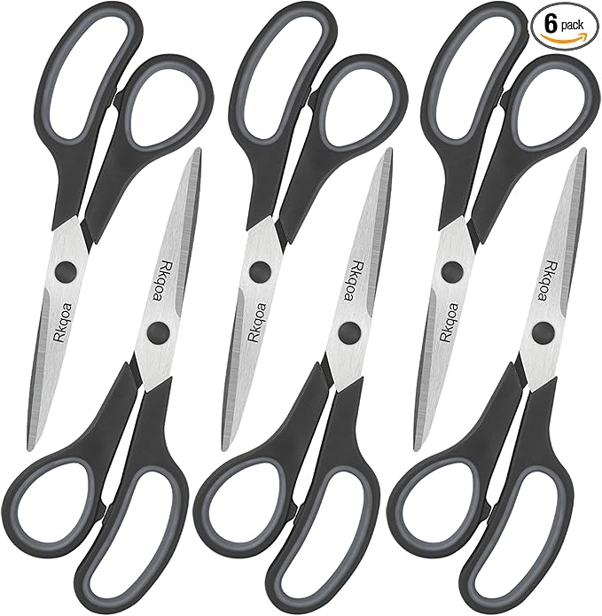 Black 6 Scissors Pack, Rkqoa 8" All Purpose Scissor - High Performance and Designed for Everyday use, Stainless Steel Shears Set with Comfort Grip, Right/Left Handed