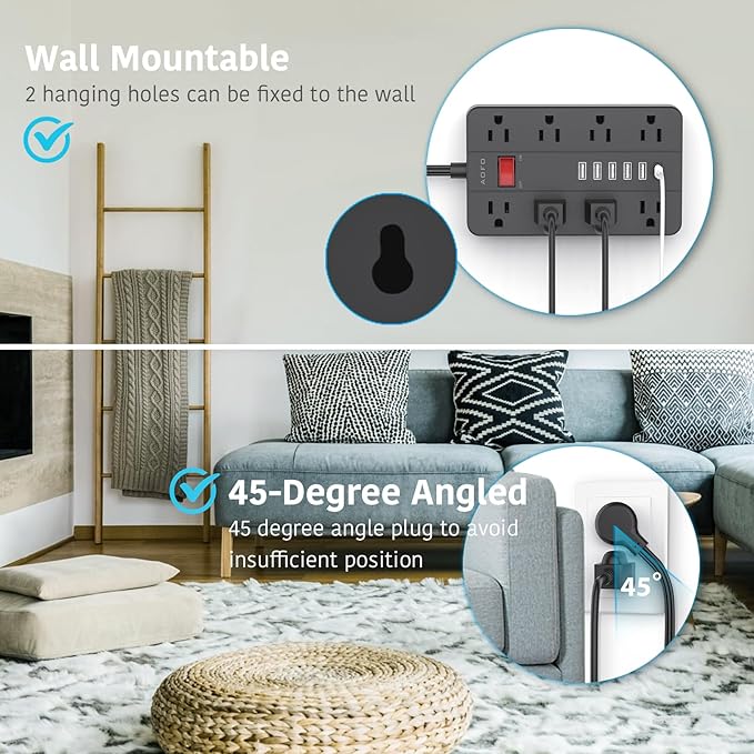 10ft Extension Cord Long Power Strip,AOFO 8 Widely-Spaced Outlets & 6 USB（1 USB C） Ports Flat Plug Power Strip,Power Cord for Wall Mountable and Desktop Black