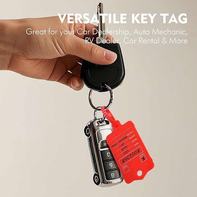 100 Car Key Tags with Labels Plastic Car Dealership Key Tags Self Locking Automotive Identifiers Blank Shop Labels with One Pen (Red)