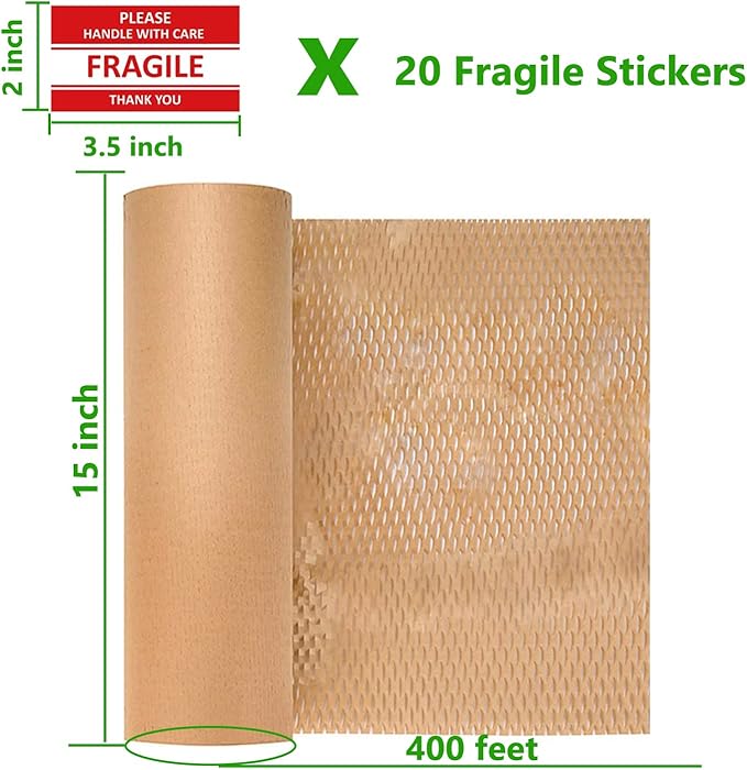 Honeycomb Packing Paper Wrap 15"x400' Sustainable Alternative to Bubble Cushioning Wrap Packing paper for Moving/shipping/packing Roll with 20 Fragile Sticker Biodegradable & Fully Recylable
