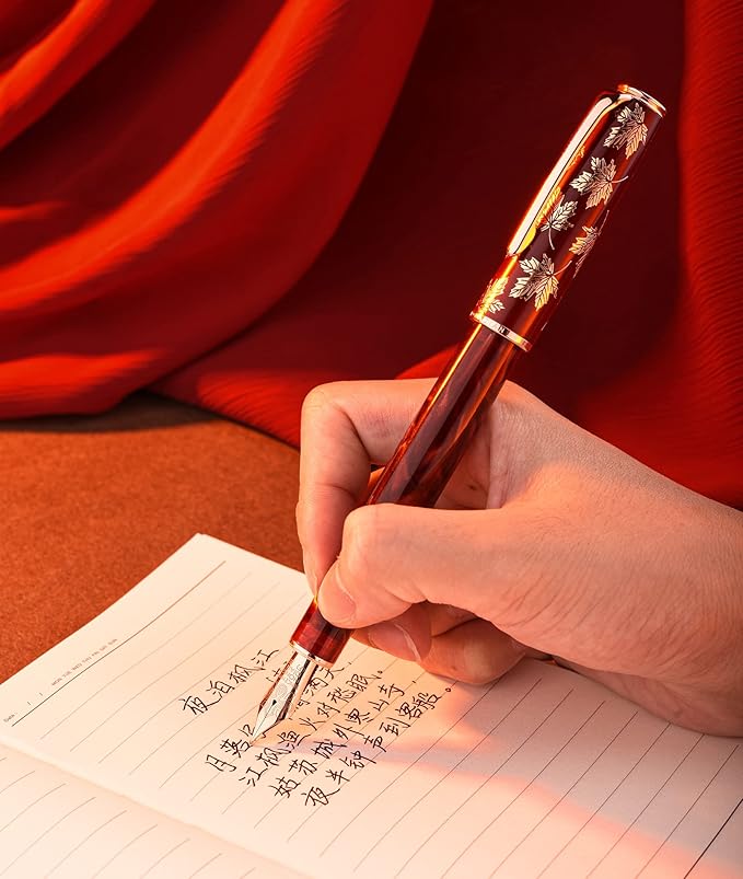 Hongdian N8 Fountan Pen, Iridium Fine Nib, Rose Gold Trim Maple Leaf Carving Cap Red Acrylic Resin, Smooth Writing Pen with Converter and Metal Pen Box Set