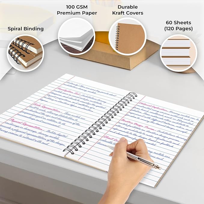 12 Pack Spiral Wide Ruled Journal Notebook, 5.8 x 8.3, 120 Pages (60 Sheets), 100 GSM, A5 Executive Kraft Hardcover Notebooks, Perfect for Work, Office, School, Travel, Business, Note Taking