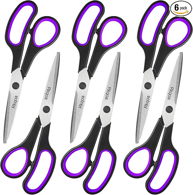 Black-Purple Scissors Pack, Rkqoa 8" Adult Scissors All Purpose - Comfort-Grip Sharp Shears for Office School Sewing Fabric Craft Art Supplies, Teacher/Class Everyday use, Classroom Must have