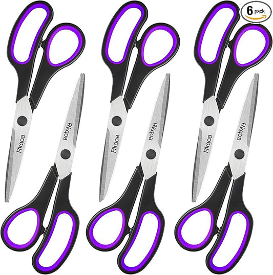 Black-Purple Scissors Pack, Rkqoa 8" Adult Scissors All Purpose - Comfort-Grip Sharp Shears for Office School Sewing Fabric Craft Art Supplies, Teacher/Class Everyday use, Classroom Must have