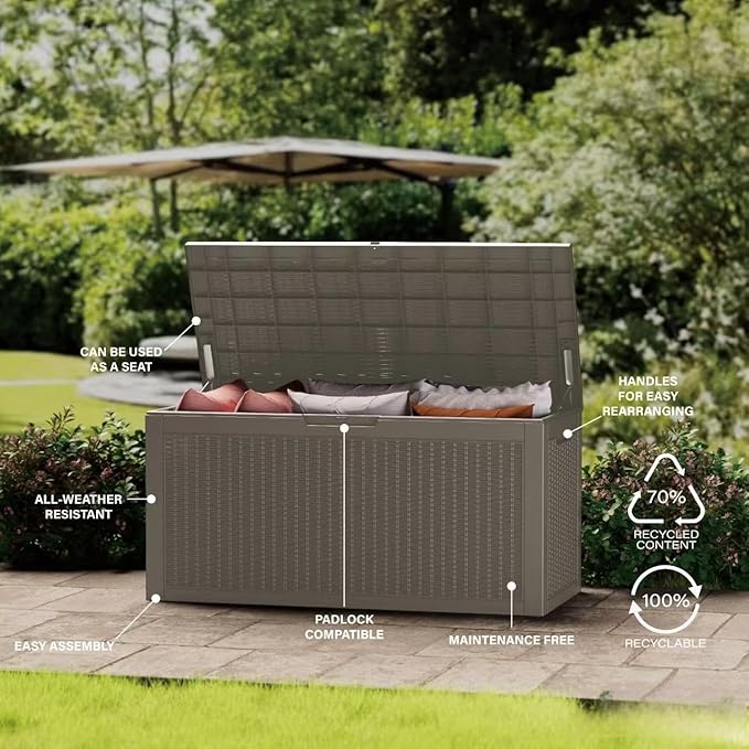 100 Gallon Outdoor Storage Box Waterproof Lockable Resin Deck Box Large, Patio Storage Bin for Pool Accessories Cushion Furniture, Garden Tools, UV-Resistant Outside Delivery Grey