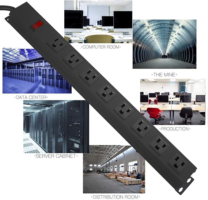 HHSOET Metal 8 Outlet Mountable Power Strip, Wall Mount Outlet Heavy Duty, Wide Spaced Commercial Shop Power Strip with Switch, 15A 125V 1875W, 6 FT SJT 14AWG Power Cord.(Black)