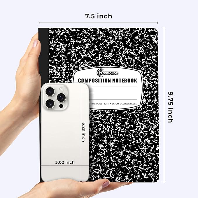 12 Pack Composition Notebook College Ruled Bulk, 200 Pages (100 Sheets), 9-3/4 x 7-1/2, Hard Cover College Ruled Notebook Bulk, Black Marble Composition Notebook College Ruled, Bulk Notebooks