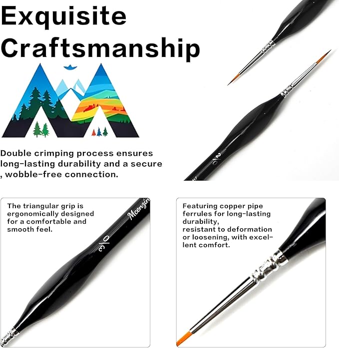 10 Pieces Exquisite Detail Paint Brush Set with Copper Tube and Special Double - Wire - Binding Process，Birch Wood Pen,Triangular Grip. Suitable Oil, Watercolour, Acrylic, Digital Painting
