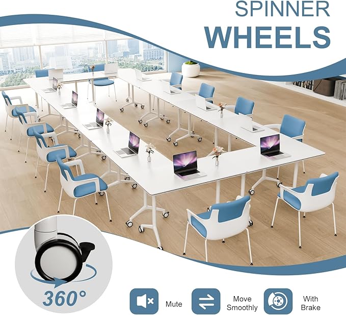 10Pack Folding Conference Room Table, Modern Conference Tables with Silent Wheels, Large Rectangular Mobile Training Tables for Office Classroom, Foldable Modular Seminar Table White (L70.9in)