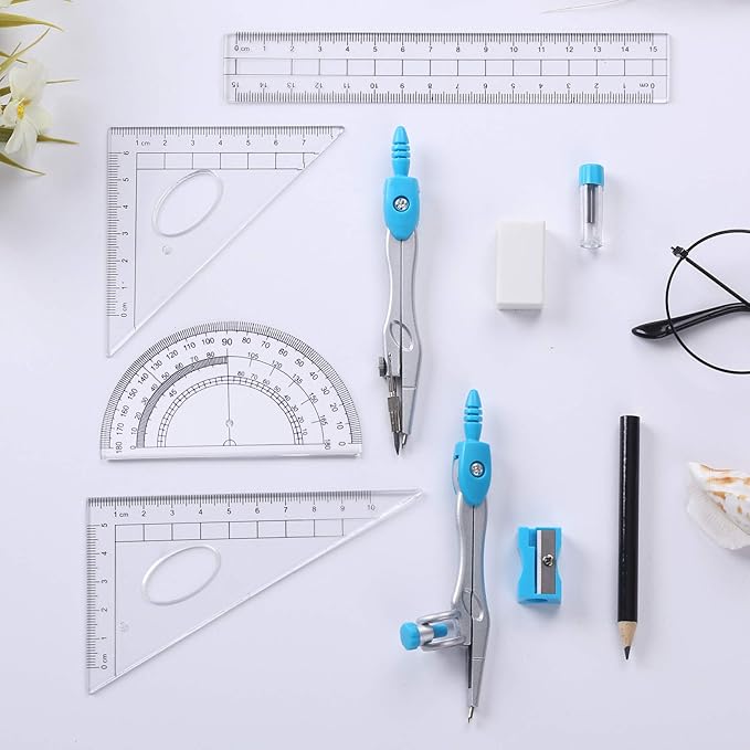 10 Pieces Math Geometry Kit Set Student Supplies with Shatterproof Storage Box,Includes Rulers,Protractor,Compass,Eraser,Pencil Sharpener,Lead Refills,Pencil,for School and Drawings（Blue）
