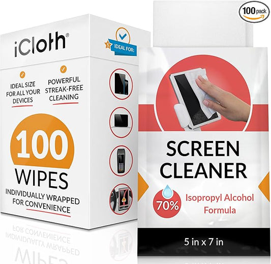 iCloth 70% Isopropyl Alcohol Large Screen and Electronics Wipes, Lint-Free, Streak-Free, Fast-Drying, Removes Dust and Fingerprints (100 Wipes)
