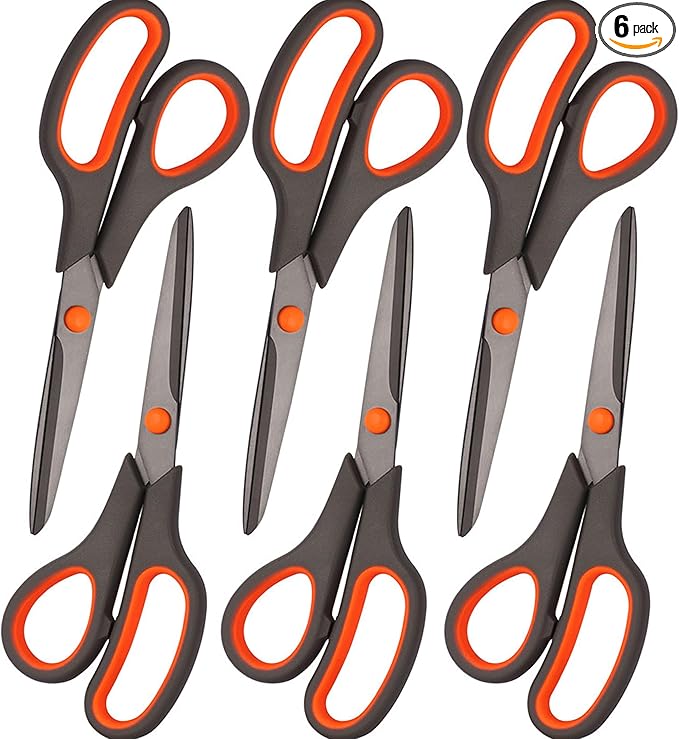 Scissors, Rkqoa 8" All Purpose Titanium Scissor Set of 6 Pack - 2.5mm Thick Sharp Scissors Bulk for Office School Sewing Craft Supplies, Classroom Must have, Teacher/Class Shears, Right/Left Handles
