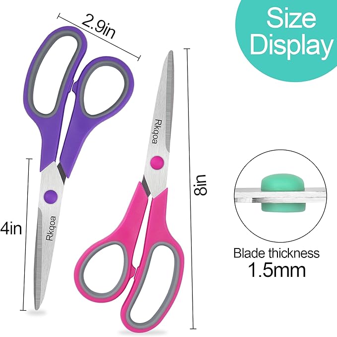 Pink Scissors Pack, Rkqoa 8" All Purpose Scissor - High Performance and Designed for Everyday use, Stainless Steel Shears Set with Comfort Grip, Right/Left Handed