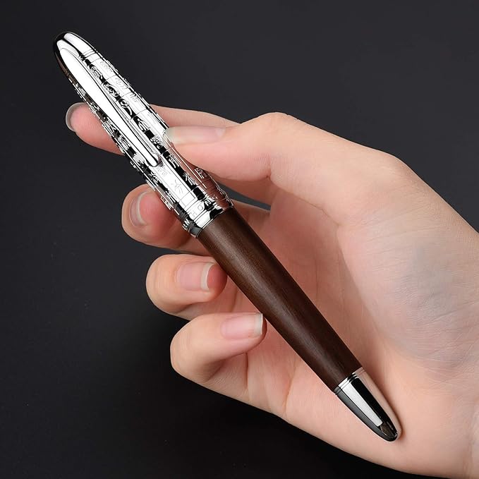 Hongdian 6016 Natural Wood Fountain Pen, Iridium Medium Nib Writing Pen with Metal Pen Case