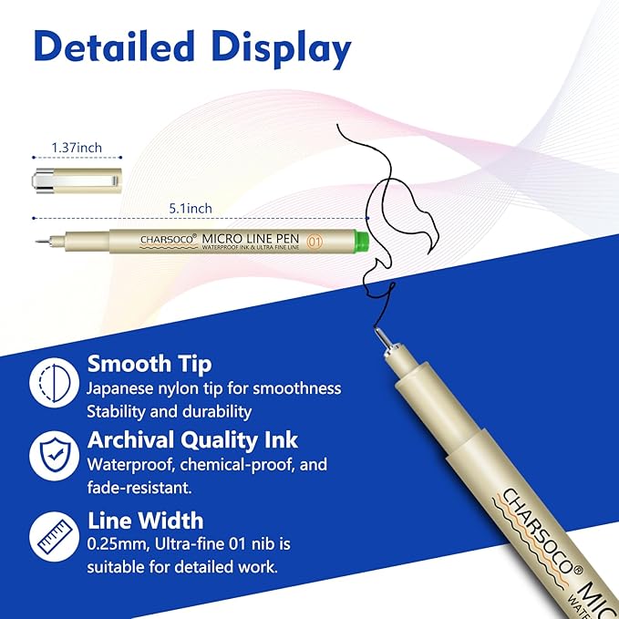 01 Micro Pen, Fine Point Pen with 12 Colors, Waterproof Archival Ink, 0.25mm Fineliner Ink Pens for Artist Illustration, Sketching, Anime, Manga, Technical Drawing and Scrapbooking