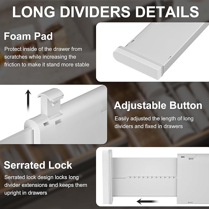 HiYZ Expandable Drawer Dividers with Inserts - Adjustable Drawer Organizers Separators for Kitchen, Bedroom, Dresser, Office, 3 Long Dividers(12.6-22.8 IN) with 6 Inserts(3.9-7.1 IN) - Gray