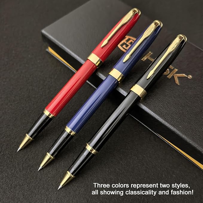 HSK Ballpoint Pens Executive Fountain Pen with Gold Trim, Gift Box Set, Available in Black, Red, Navy Blue,Black Refill Line width 0.5mm (Blue)