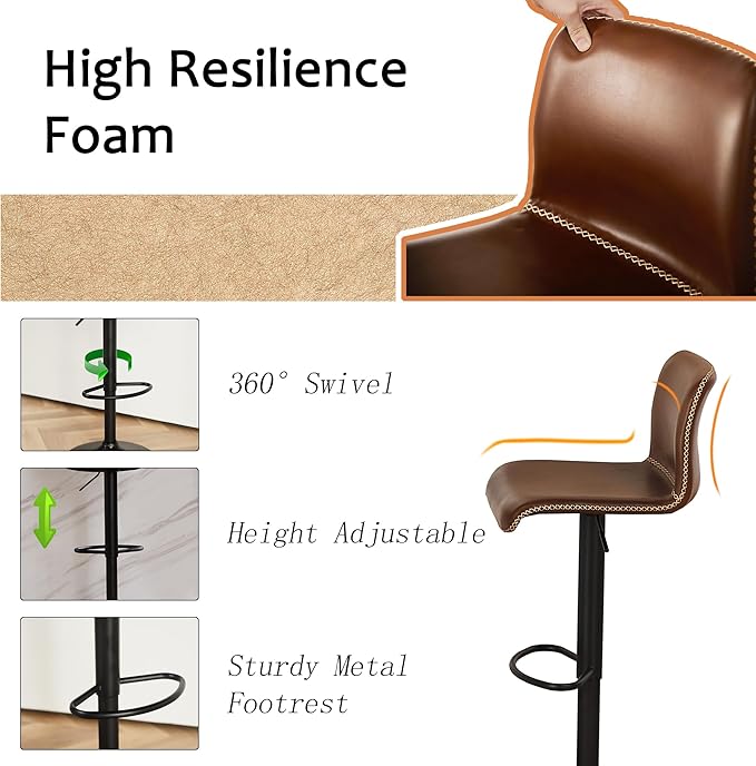 HeuGah Bar Stools Set of 3, Swivel Counter Height Barstools with Back, Adjustable Height 24" to 32", Brown Faux Leather Bar Chairs for Kitchen Island (Brown, Set of 3 (24'' to 32''))