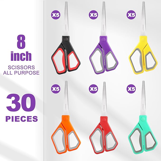 30Pack 8" Scissors All Purpose, Heavy Duty Scissors with Ultra Sharp Blades Comfort Grip Handles - For Office Home School Sewing Fabric Crafts, High/Middle School Student Teacher Scissor