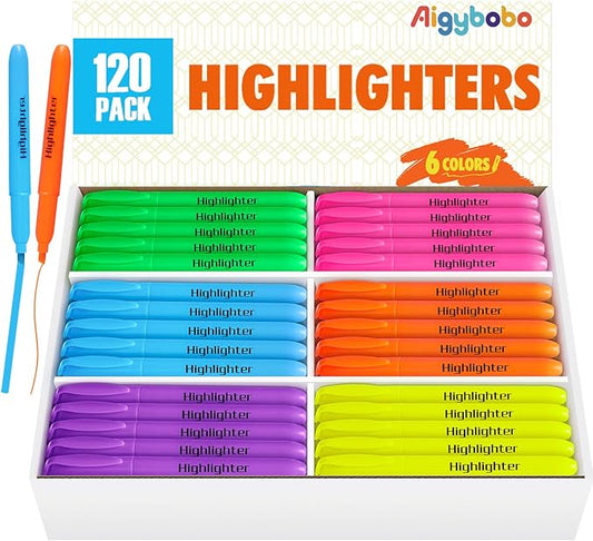Aigybobo 120 Pack Highlighters in 6 Assorted Colors, Chisel Tip Dry-Quickly Highlighters Bulk, No Bleed Highlighter Markers for Kids Adults, Classroom Teachers Must Haves, School Office Supplies
