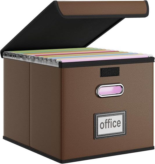 Huolewa Faux Leather File Organizer Box with Lid, Collapsible Hanging File Folder Box Organizer with Plastic Slides, Decorative Home/Office Filing Boxes for File and Folder Storage - Dark Brown