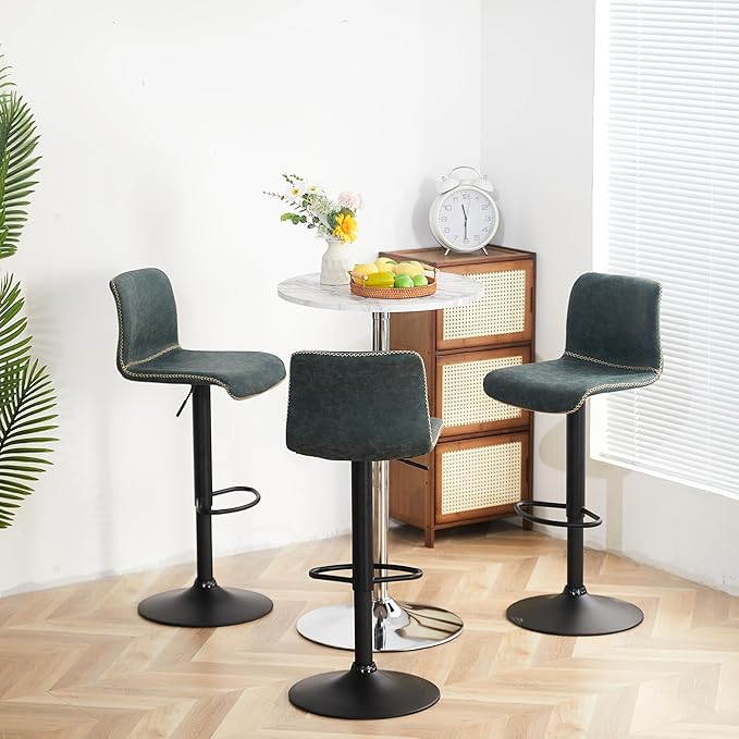 HeuGah Bar Stools Set of 3, Swivel Counter Height Barstools with Back, Adjustable Height 24" to 32", Faux Leather Bar Chairs for Kitchen Island (Deep Teal, Set of 3 (24'' to 32''))