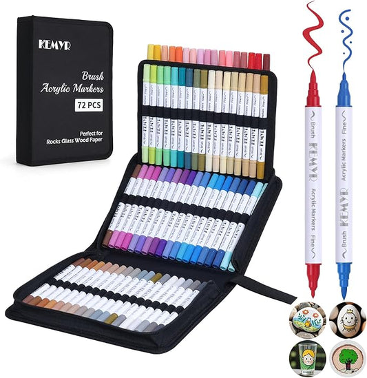 72 Colors Brush & Fine Tip Acrylic Paint Pens, Dual Tip Acrylic Paint Markers for Paper, Wood, Canvas, Stone, Rock, Glass, Fabric, DIY, Ceramic, Art Supplies for Kids and Adults Drawing