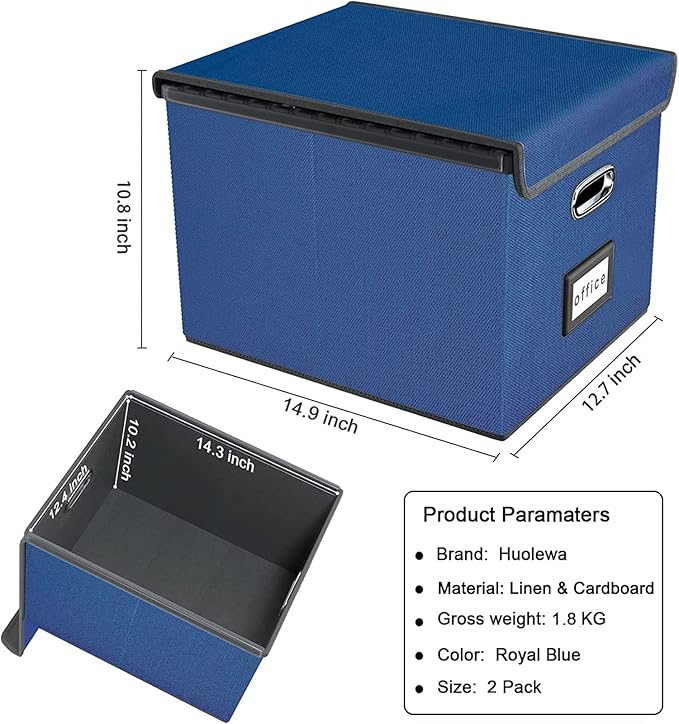 Huolewa Decorative File Organizer Boxes Office Document Storage with Lids, Portable Collapsible Linen Hanging Filing & Storage Boxes for Office/Decor/Home (Royal Blue) -14.9 x 12.7 x 10.8 inch -2 Pack
