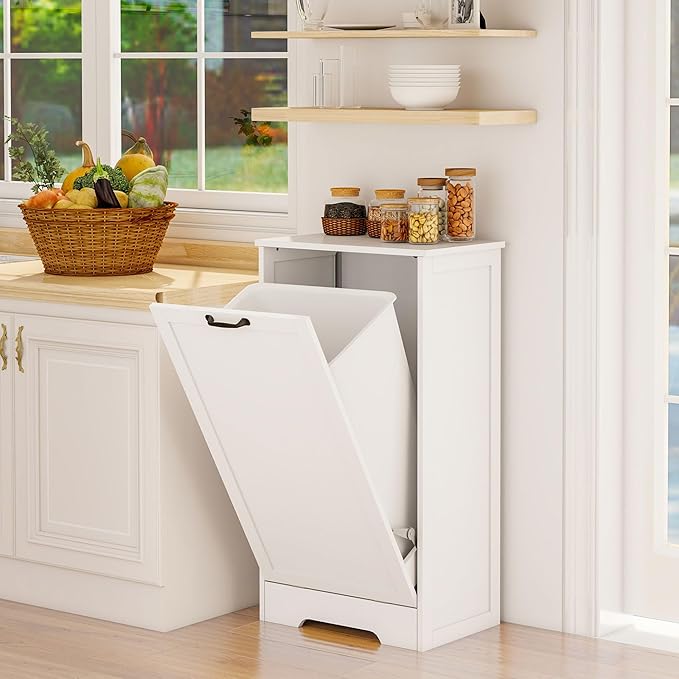 10 Gallon Tilt Out Trash Cabinet, Wooden Hidden Free Standing Kitchen Garbage Can with lid, Modern Pet-Proof Trash Can Holder for Bathroom, Living Room, Laundry Room, White