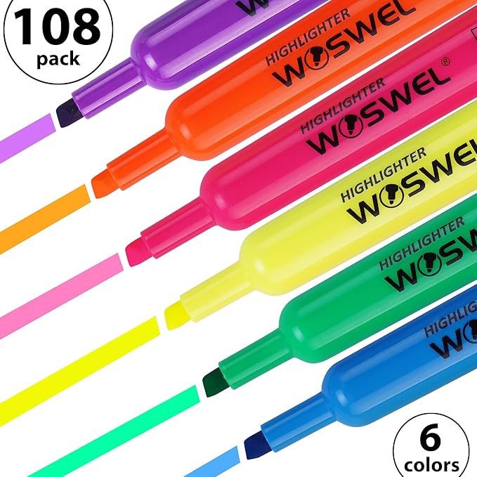 Highlighters Bulk, 108 Pack Tank Style Highlighters Assorted Fluorescent Colors Set, 6 Bright Colors Chisel Tip Highlighter Markers for Kid and Adult Coloring, Highlighting as School Supplies