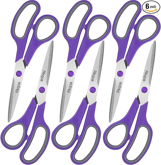 Purple Scissors Pack, Rkqoa 8" Scissors All Purpose - Comfort-Grip Sharp Shears for Office School Sewing Fabric Craft Art Supplies, Teacher/Class Everyday use, Classroom Must have