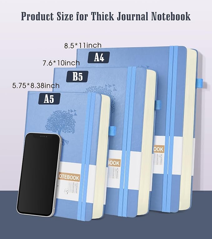 Lined Journal Notebook, 365 Pages B5 Large Hardcover Leather Journal for Women Men, College Ruled, 100Gsm Thick Paper (7.6'' X 10'' Blue)