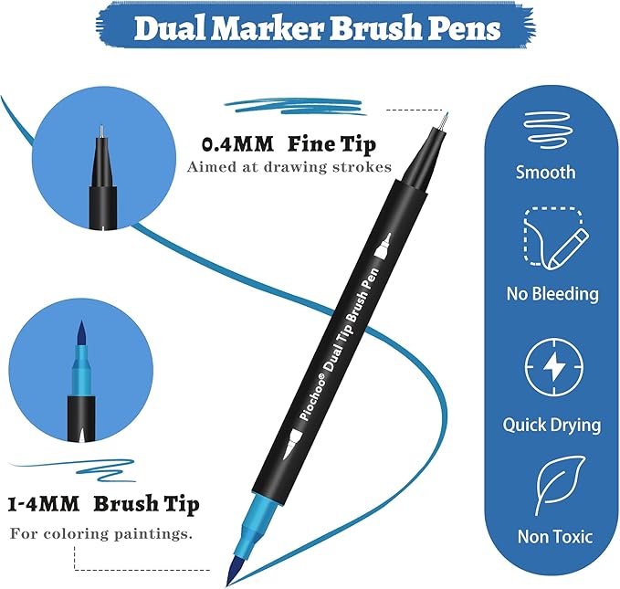 Markers,18 Colors Dual Brush Markers Pens,Fine Point and Brush Tip Markers for Adult Coloring Books No Bleeding,School Classroom Art Supplies