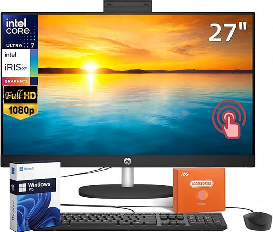 HP 27" FHD Touchscreen Business All-in-One Desktop Computer, Intel 12-Core Ultra 7 155U (Beats i7-1355U), 32 GB DDR5 RAM, 1 TB SSD, Intel Iris Xe Graphics, Wired KB & Mouse, Wi-Fi 6, Windows 11 Pro