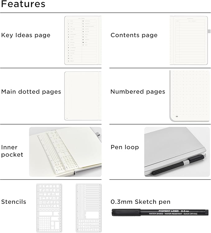 &And Per Se Bullet Dotted Journal Notebook, A5 Leather Hardcover, 176 Numbered Pages 100GSM Thick Dotted Paper, 2 Sheets of Stencils Included - 5.7'' x 8'' (Grey)