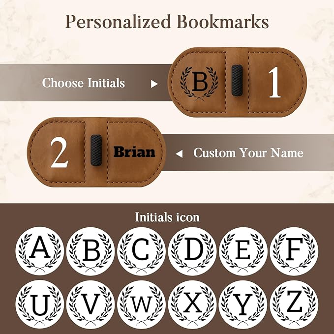 Personalized Bygone Mark Bookmark with Pen Holder,Engraving Leather Magnetic Bookmarks Vintage 26 Letters Name Initials Text Book Marker Clips Gifts for Reading Book Lovers Women (Brown, T)