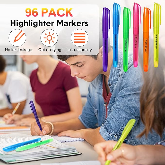 Thenshop 96 Pcs Highlighter Bulk Pack Assorted Colors Highlighter Markers Chisel Tip Fluorescent Pens for Office Classroom Back to School Supplies