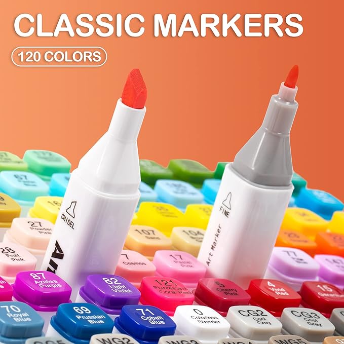 AnyMark Alcohol Markers, 120 Colors Dual Tip Art Coloring Markers Set for Kids Adult Book Drawing Sketching Painting, Chisel & Fine, White Penholder