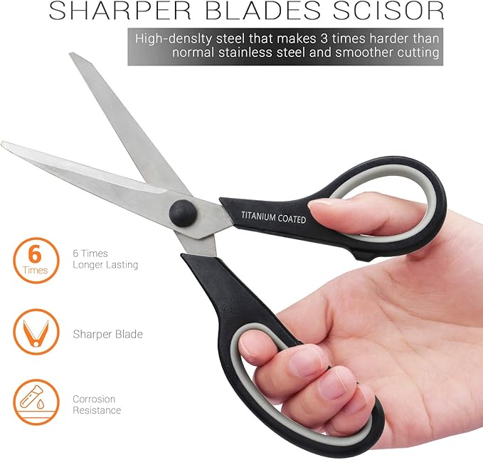Scissors 8" Multipurpose Titanium Coated Sturdy Sharp Scissors Right/Left Handed Comfort-Grip Handles for Office Home School Sewing Fabric Craft Supplies Black
