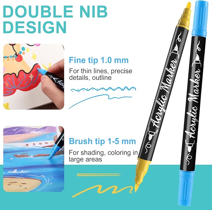 12 Colors Acrylic Paint Markers, Waterproof Dual Tip Acrylic Paint Pens with Brush and Fine Tip, Markers Set for Paper, Rock, Wood, Canvas, Glass, Ceramic and DIY Crafts Making Art Supplies